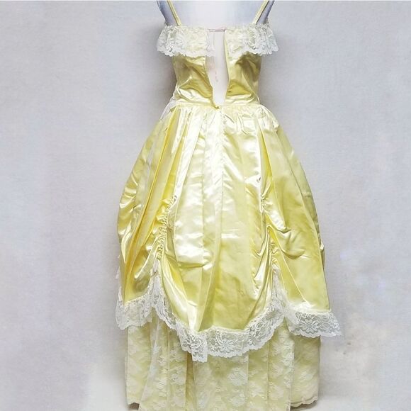 1950s Vintage Yellow Ruffle Satin Lace Bow Full Skirt Maxi Antebellum Dress S - Picture 10 of 10